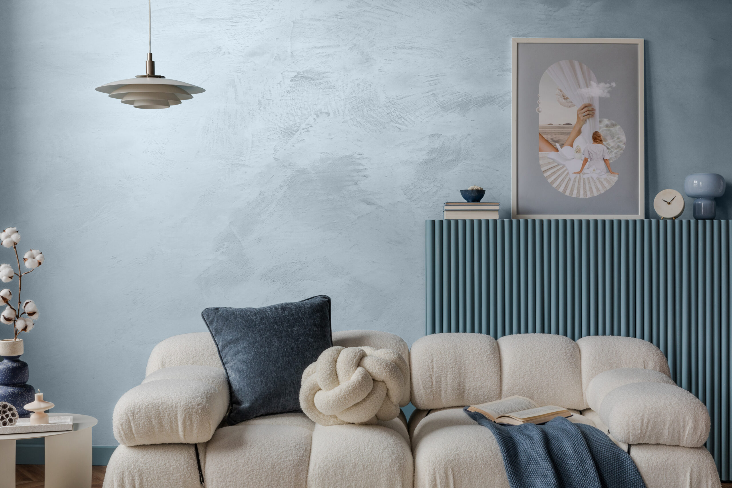 A,Vibrant,Blue-themed,Living,Space,Featuring,Geometric,Patterns,And,Textures